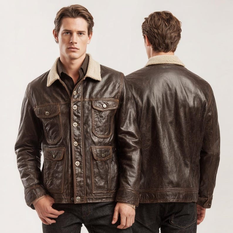 Men’s Brown Leather Jacket with Sherpa Collar Vintage Distressed