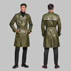 Men Cowhide Leather Trench Coat Double Breasted Overcoat