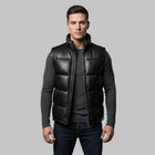 Men Black Leather Bubble Vest Real Leather Sleeveless Puffer Jacket