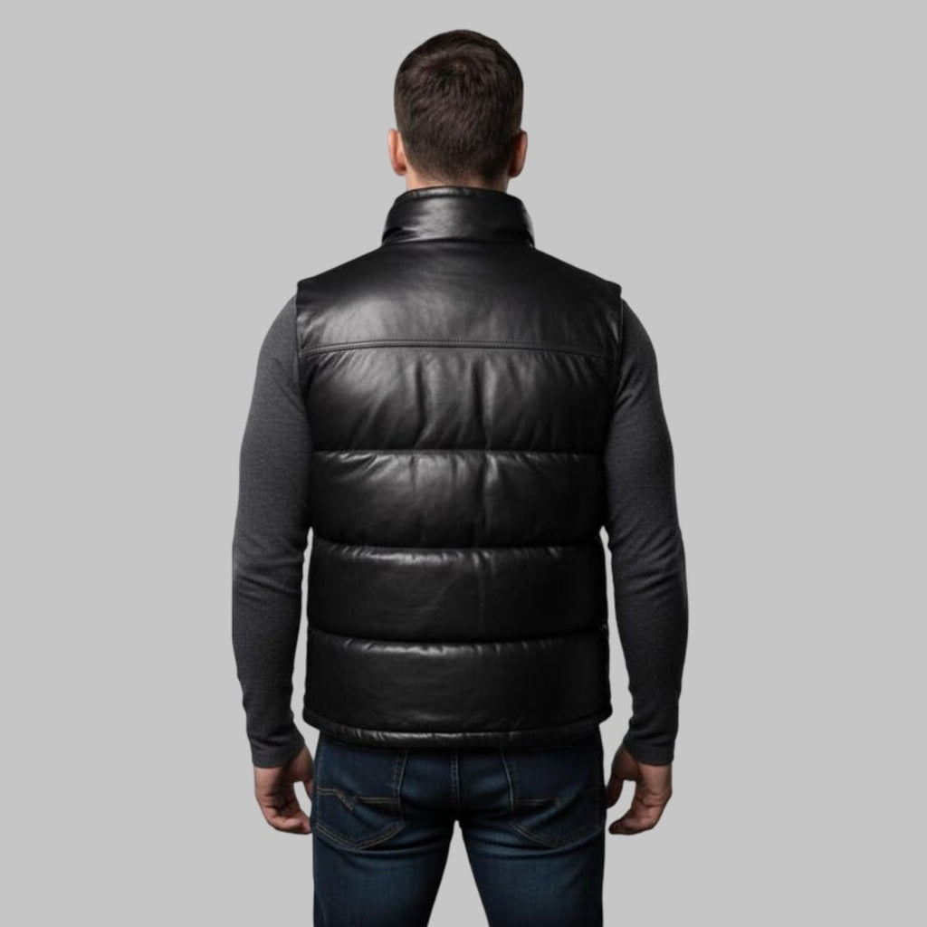 Men Black Leather Bubble Vest Real Leather Sleeveless Puffer Jacket