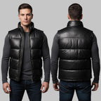 Men Black Leather Bubble Vest Real Leather Sleeveless Puffer Jacket