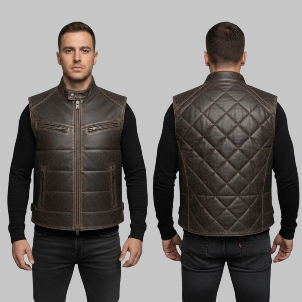 Men Handmade Leather Bubble Vest Genuine Sleeveless Puffer Jacket