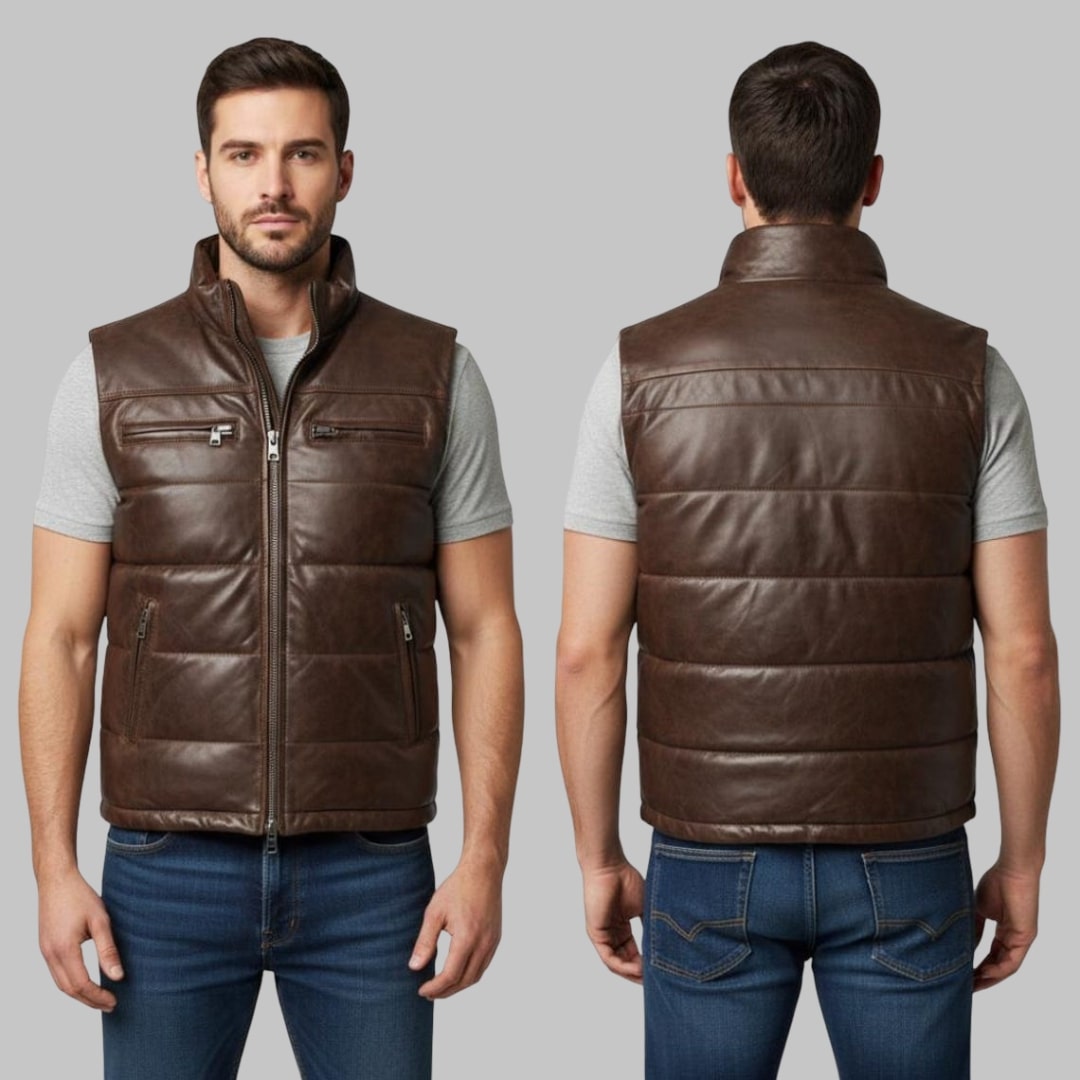 Classic Men Leather Puffer Vest Quilted Handmade Bubble Waistcoat