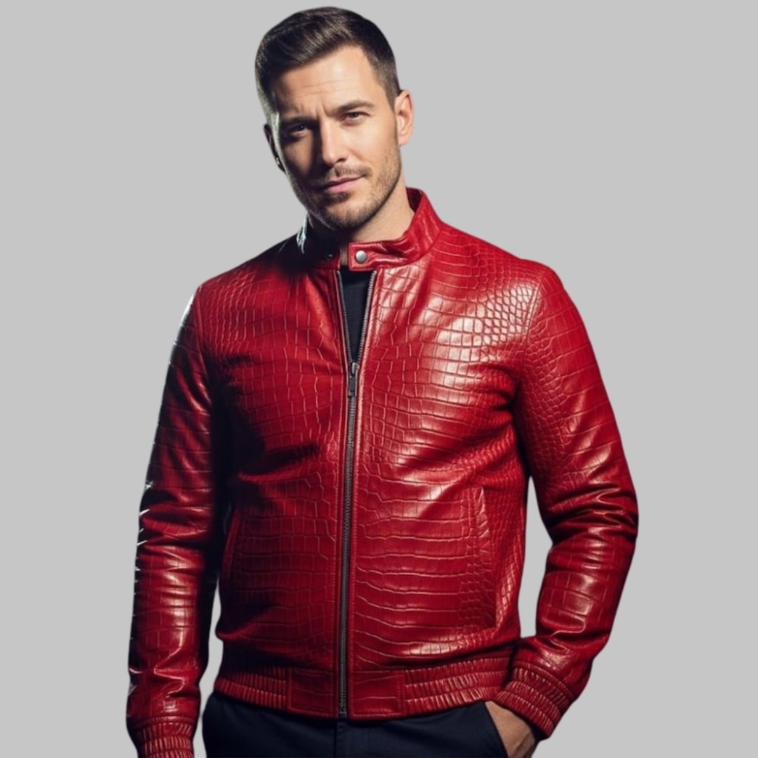 Red Crocodile Embossed Leather Jacket for Men Handmade Luxury Streetwear