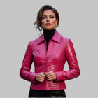 Handmade Pink Crocodile Embossed Leather Moto Jacket Women’s Slim Fit
