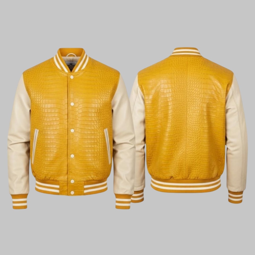 Yellow Crocodile Embossed Leather Varsity Jacket Handmade Men’s Bomber
