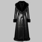 Crocodile Embossed Leather Long Coat with Fur Lining