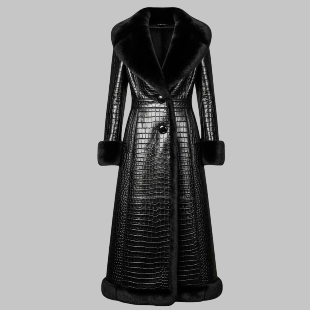 Crocodile Embossed Leather Long Coat with Fur Lining