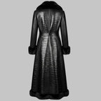Crocodile Embossed Leather Long Coat with Fur Lining