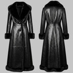 Crocodile Embossed Leather Long Coat with Fur Lining