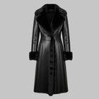 Black Leather Long Coat with Faux Fur Collar