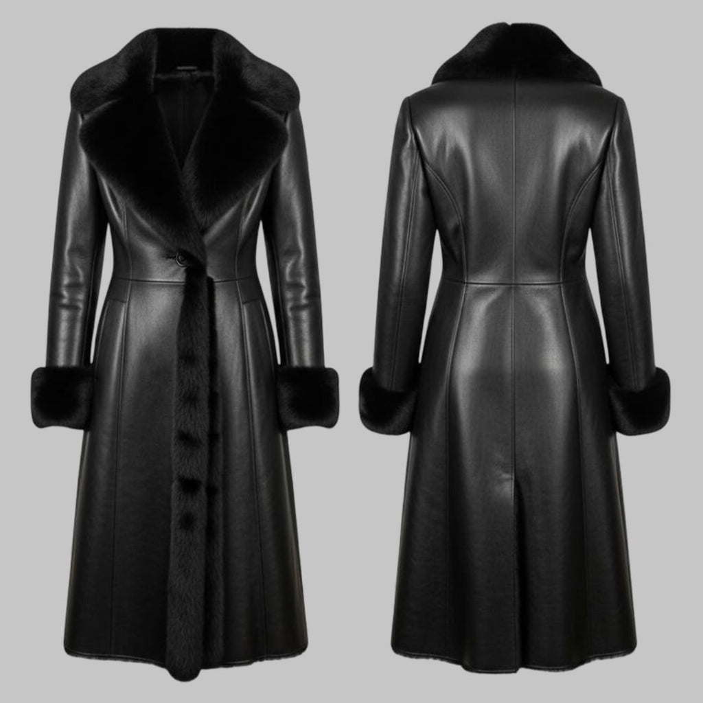 Black Leather Long Coat with Faux Fur Collar