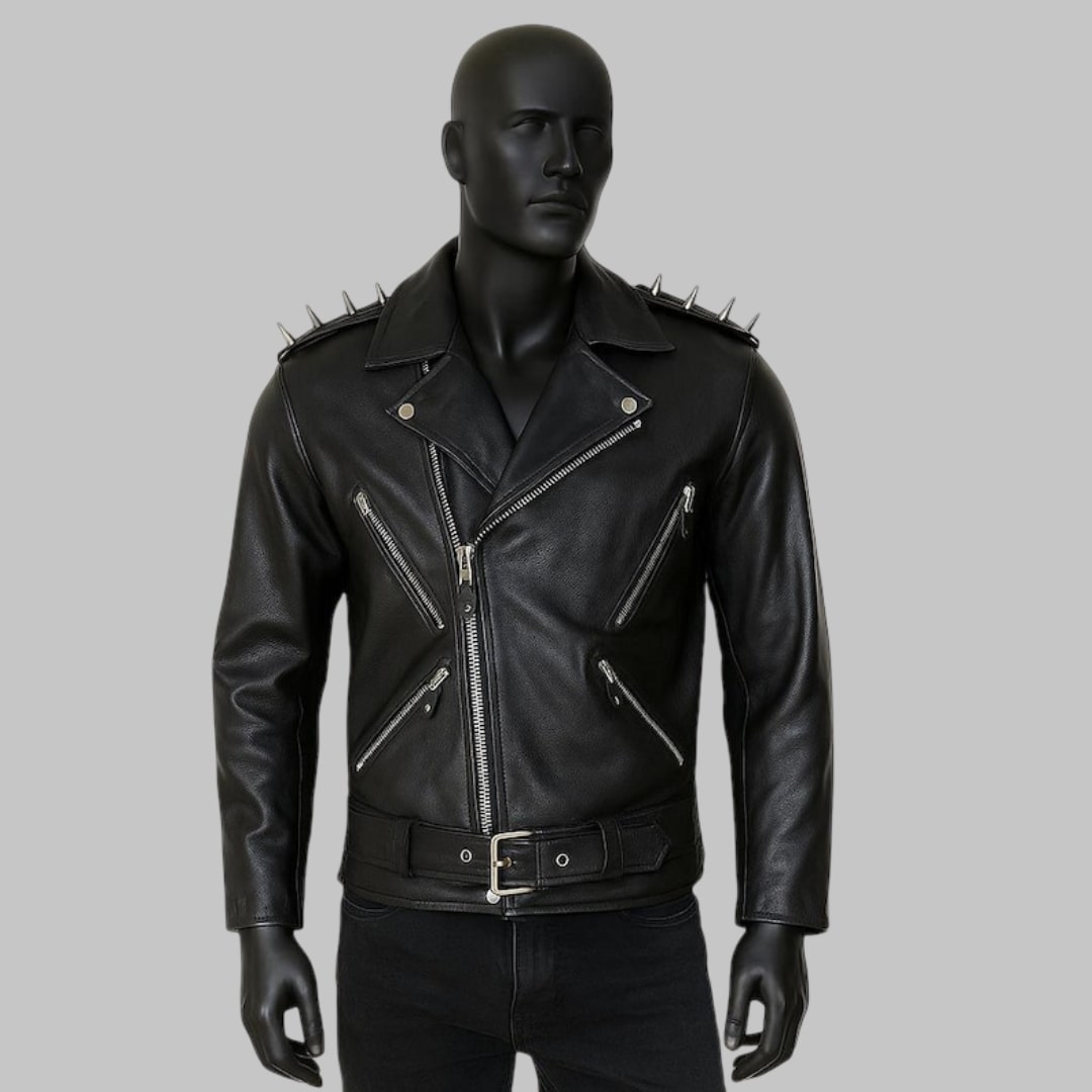 Men Spiked Leather Biker Jacket Steampunk Motorcycle Style
