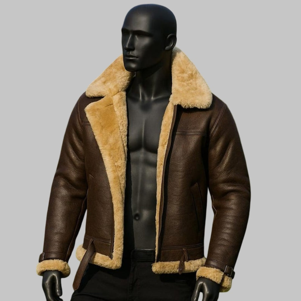 Men’s Shearling Bomber Jacket Genuine Sheepskin Aviator Style