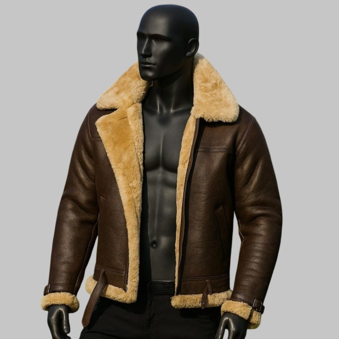 Men’s Shearling Bomber Jacket Genuine Sheepskin Aviator Style