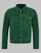 Men Green Suede Leather Retro Western Cowboy Trucker Jacket