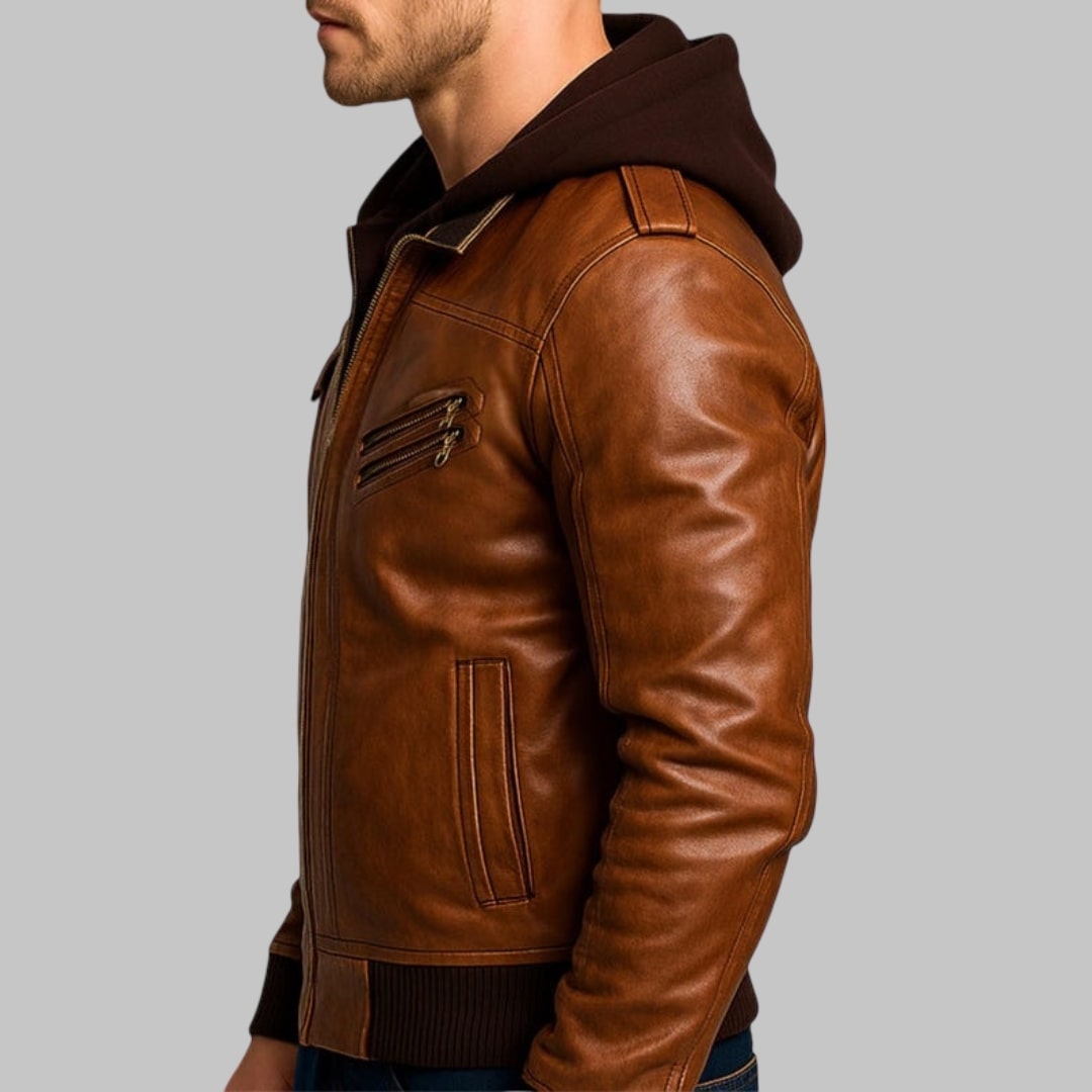 Couple Brown Real Leather Biker Jacket with Removable Hood