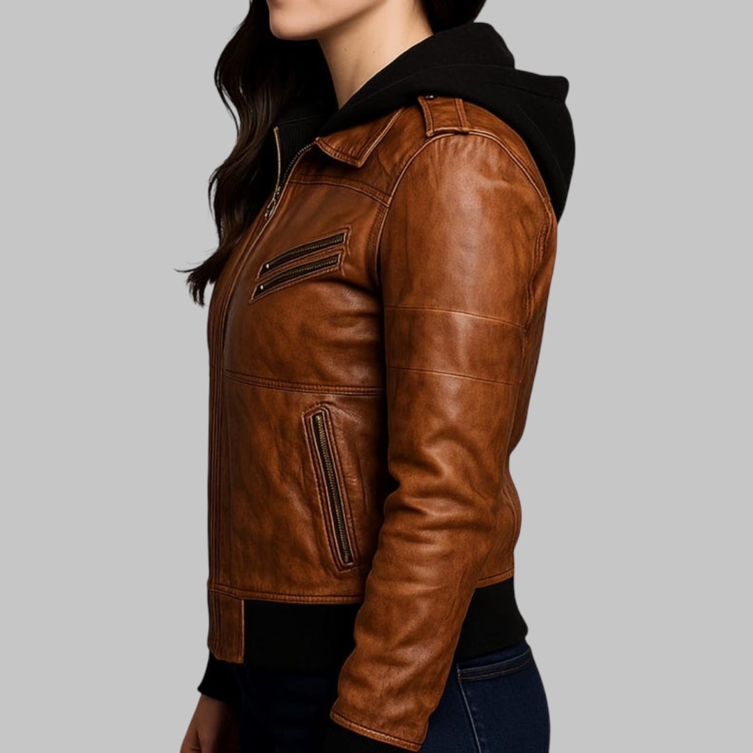 Couple Brown Real Leather Biker Jacket with Removable Hood