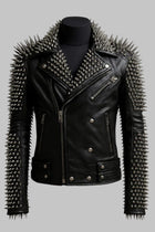 Spiked Black Leather Biker Jacket Handmade Punk Rock Moto Coat