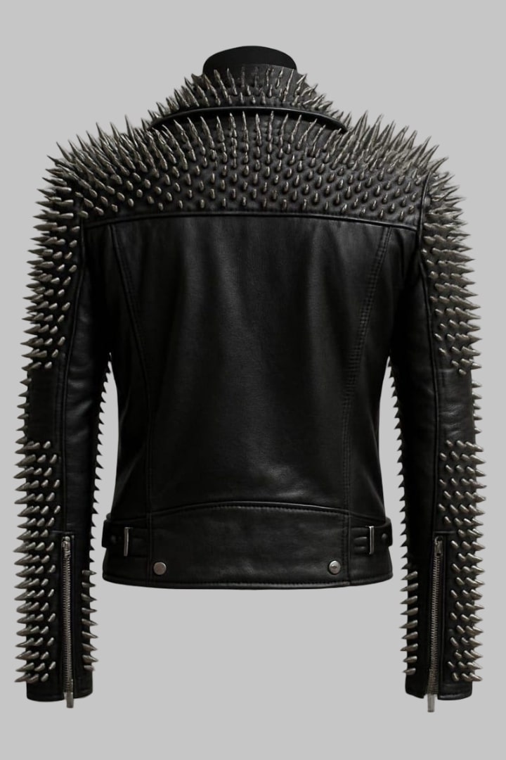 Spiked Black Leather Biker Jacket Handmade Punk Rock Moto Coat
