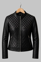Black Sheepskin Leather Quilted Slim Fit Jacket for Women
