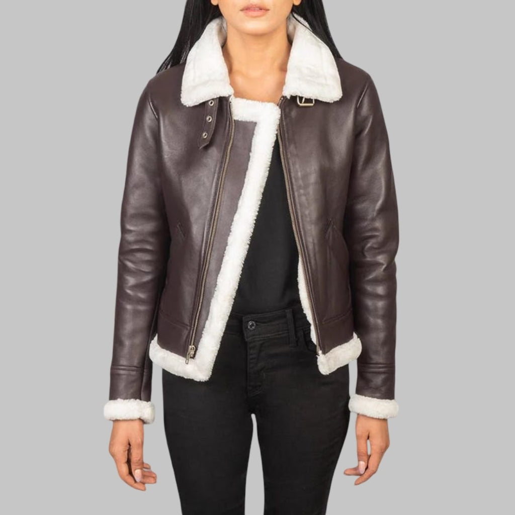 Handmade Brown Lambskin Leather Bomber Jacket for Women