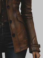 Women Vintage Brown Slim Fit Distressed Leather Jacket
