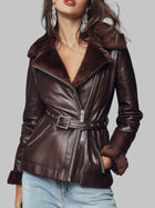 Women Burgundy Vintage Shearling Leather Blazer Jacket
