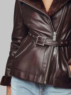 Women Burgundy Vintage Shearling Leather Blazer Jacket