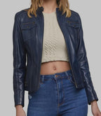 Women Blue Real Leather Motorcycle Jacket Slim Fit Biker Coat