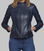 Women Blue Real Leather Motorcycle Jacket Slim Fit Biker Coat