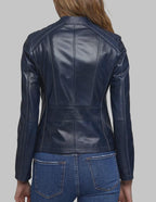 Women Blue Real Leather Motorcycle Jacket Slim Fit Biker Coat