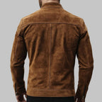 Men Tan Suede Leather Bomber Jacket Slim Fit Vintage Western Style