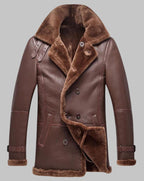 Men Double Breasted Shearling Sheepskin Coat Winter Long Jacket