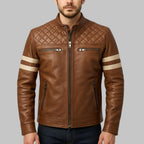 Men’s Brown Quilted Moto Leather Jacket with White Sleeve Stripes