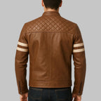 Men’s Brown Quilted Moto Leather Jacket with White Sleeve Stripes