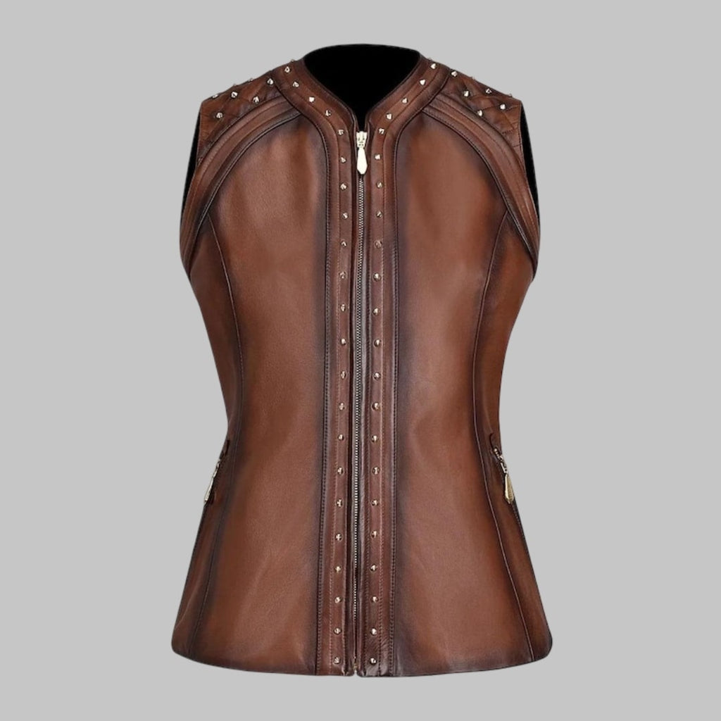 Brown Genuine Leather Vest for Women Stylish Biker Fashion Waistcoat