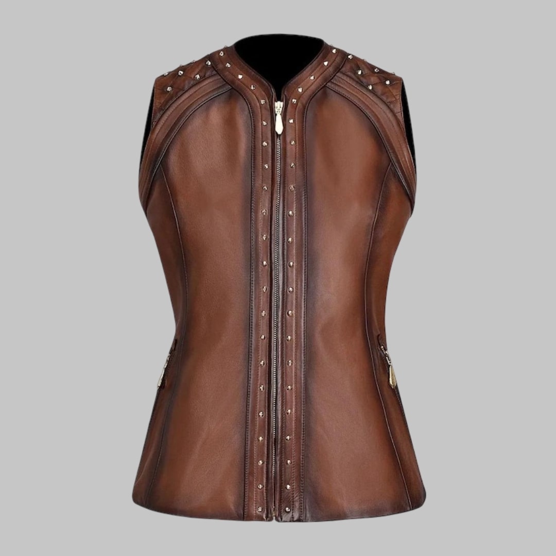 Brown Genuine Leather Vest for Women Stylish Biker Fashion Waistcoat