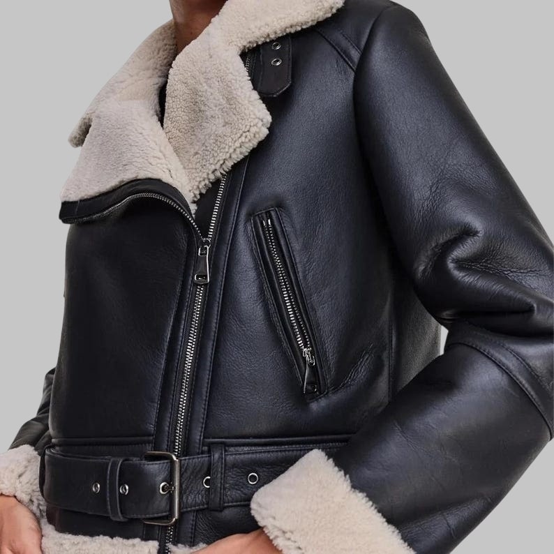 B3 Black Shearling Leather Aviator Jacket Women