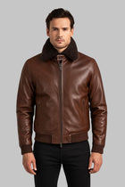 Men’s Handmade Brown Sheepskin Leather Bomber Jacket Vintage Aviator Style