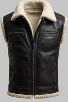 Black Shearling Leather Vest for Men Aviator Style