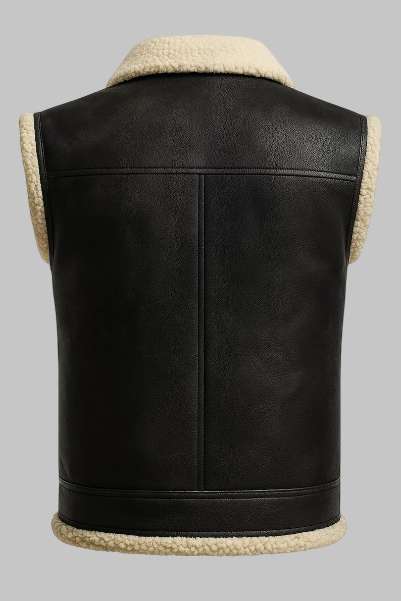 Black Shearling Leather Vest for Men Aviator Style