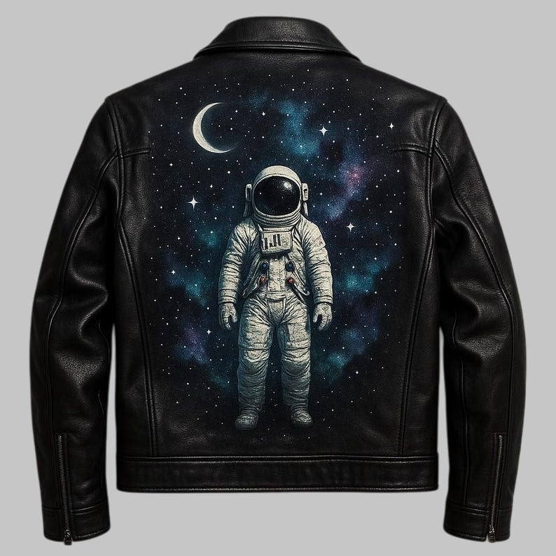 Cosmic Astronaut Sheepskin Leather Jacket Galaxy UV Print
