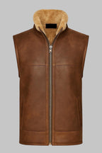 Men’s Shearling Leather Vest Cognac Sheepskin Gilet | Luxury Real Shearling Bodywarmer