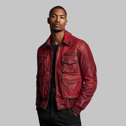 A2 Distressed Red Leather Bomber Jacket Men Vintage Flight Aviator Style