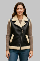 Black Leather Shearling Vest Women Sherpa Lined Winter Jacket