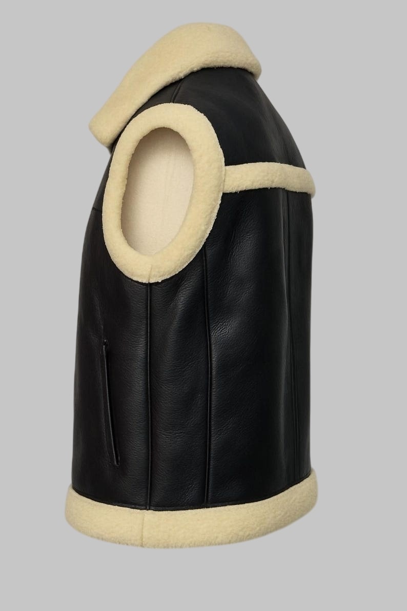 Black Leather Shearling Vest Women Sherpa Lined Winter Jacket