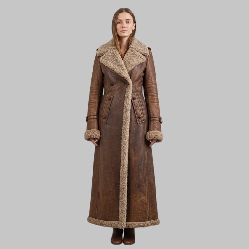 Women Distressed Brown Shearling Leather Trench Coat