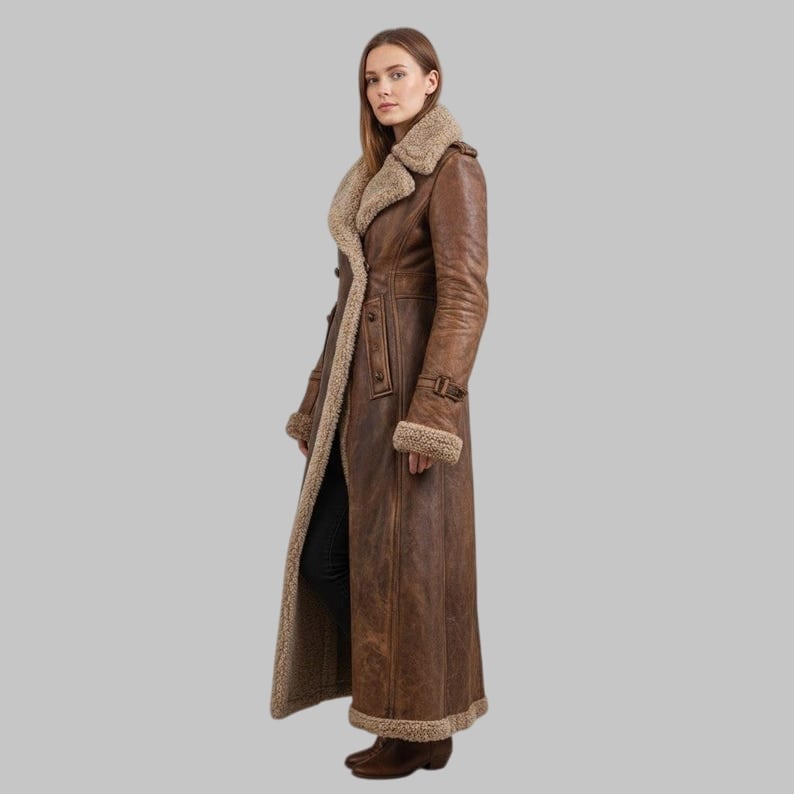 Women Distressed Brown Shearling Leather Trench Coat