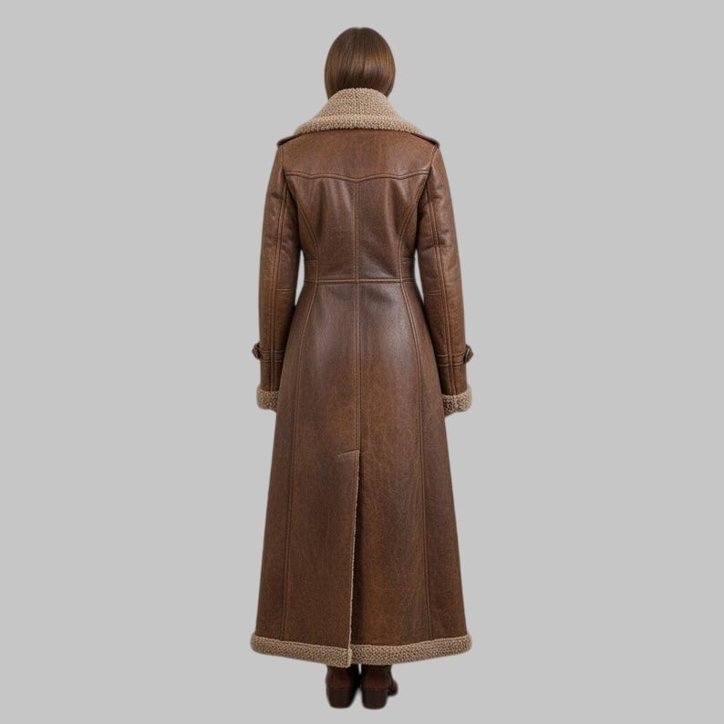 Women Distressed Brown Shearling Leather Trench Coat